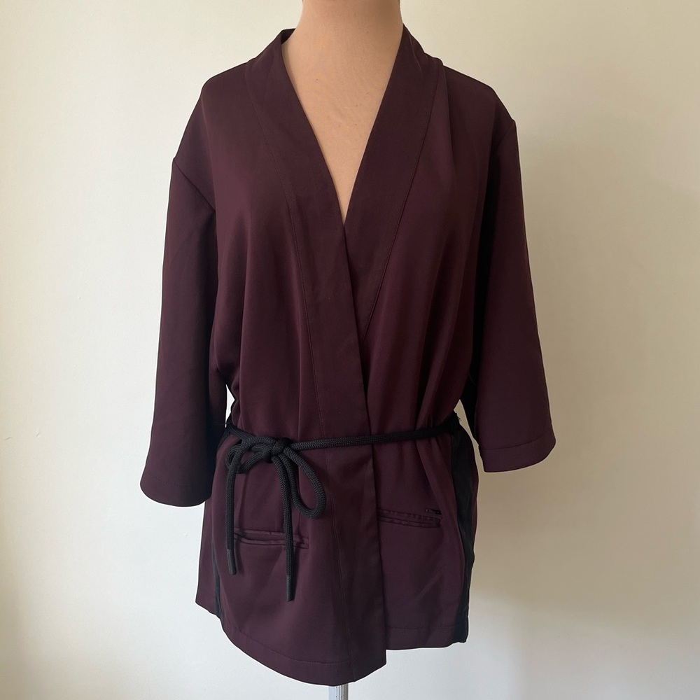 Scotch & Soda Maroon Black Holiday Tie Front Kimono Blazer Jacket NWT Size L